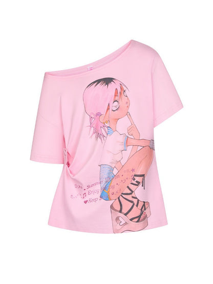 Slanted Shoulder Relaxation Manga Girl's Print Short Sleeve T-Shirt【s0000017616】