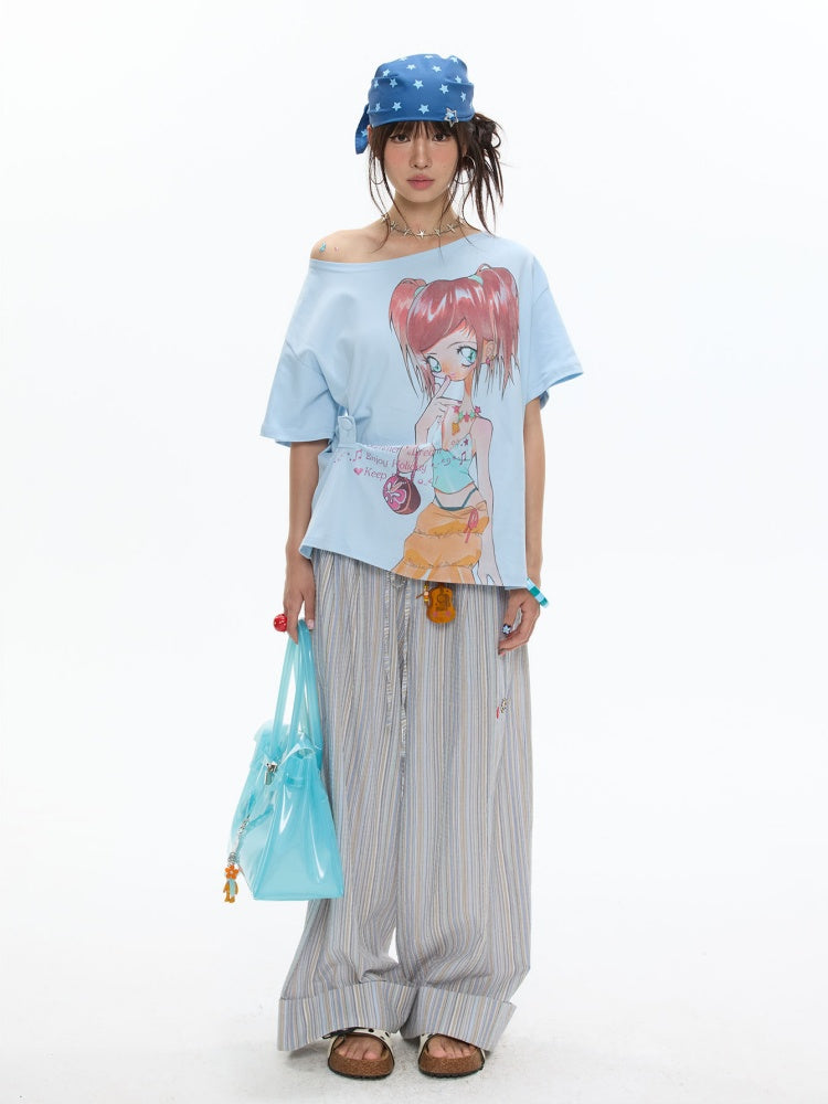 Slanted Shoulder Relaxation Manga Girl's Print Short Sleeve T-Shirt【s0000017616】