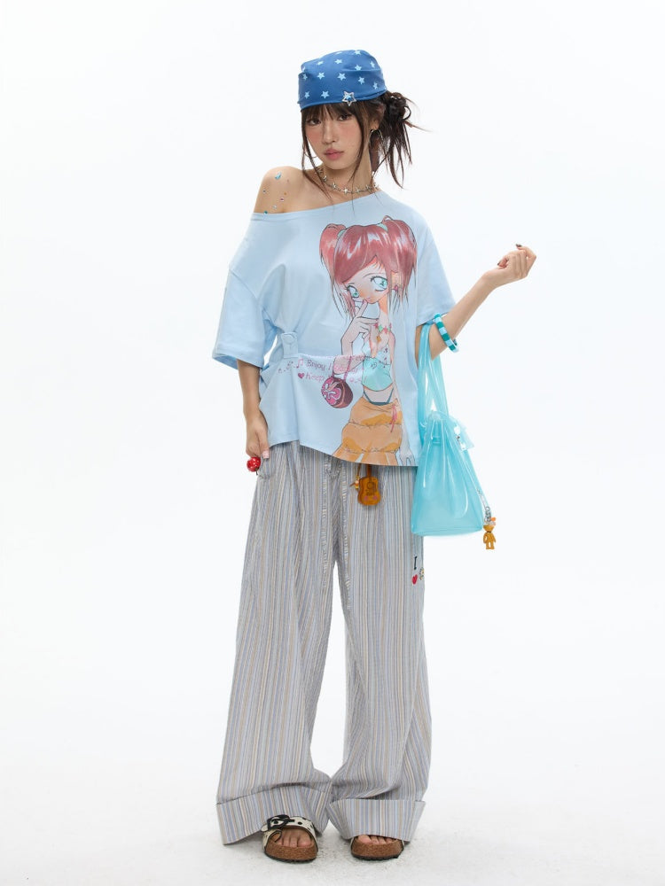 Slanted Shoulder Relaxation Manga Girl's Print Short Sleeve T-Shirt【s0000017616】