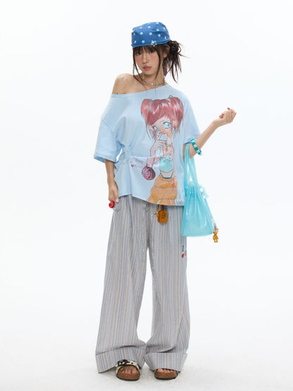 Slanted Shoulder Relaxation Manga Girl's Print Short Sleeve T-Shirt【s0000017616】