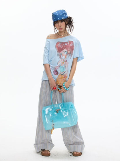 Slanted Shoulder Relaxation Manga Girl's Print Short Sleeve T-Shirt【s0000017616】
