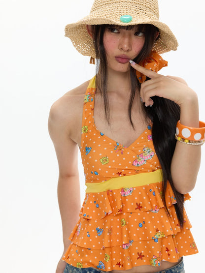 Summer Hot Song Seaside Halter Tie Ruffled Orange Swimsuit Two-Piece Set【s0000017617】