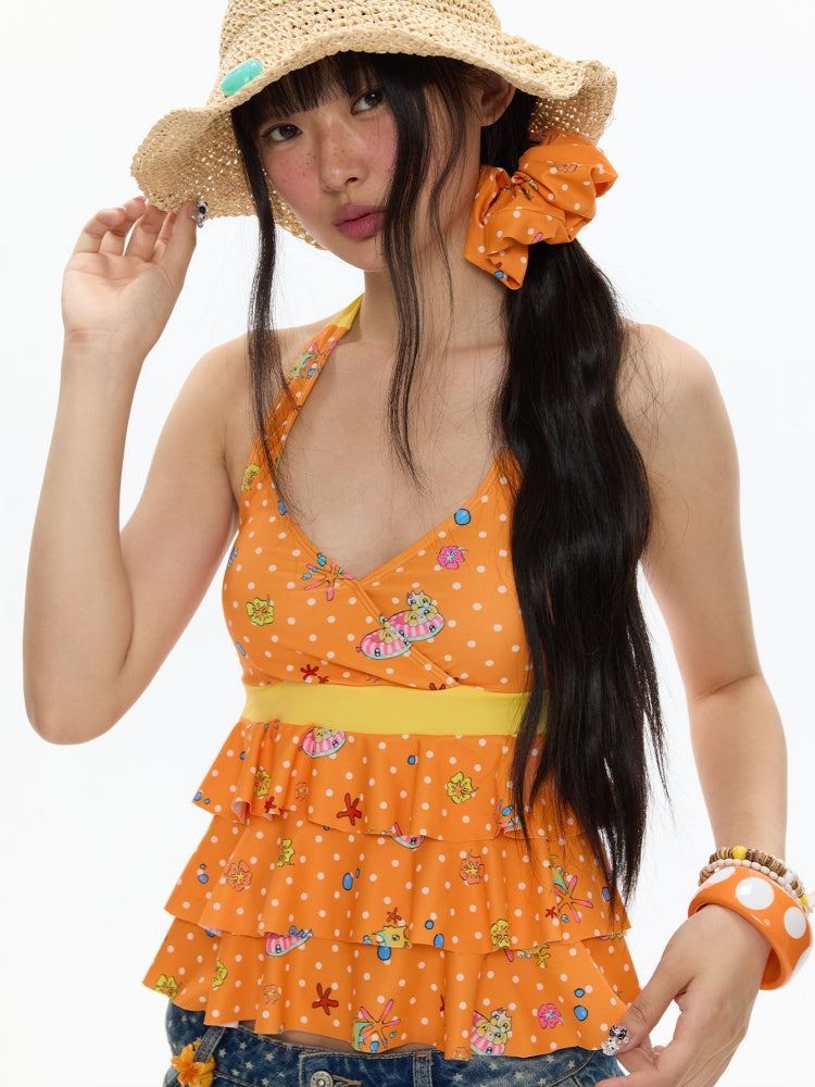 Summer Hot Song Seaside Halter Tie Ruffled Orange Swimsuit Two-Piece Set【s0000017617】