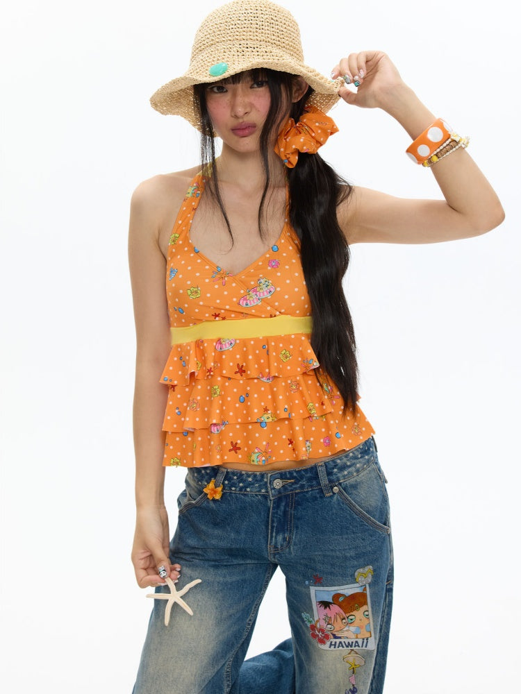 Summer Hot Song Seaside Halter Tie Ruffled Orange Swimsuit Two-Piece Set【s0000017617】
