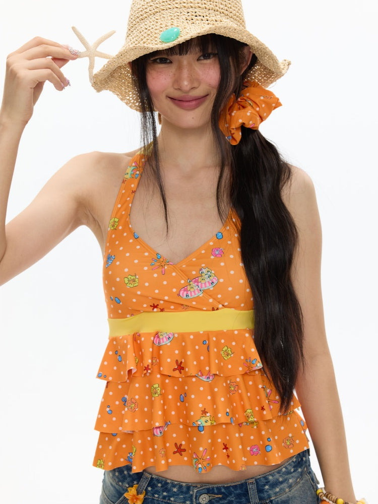 Summer Hot Song Seaside Halter Tie Ruffled Orange Swimsuit Two-Piece Set【s0000017617】