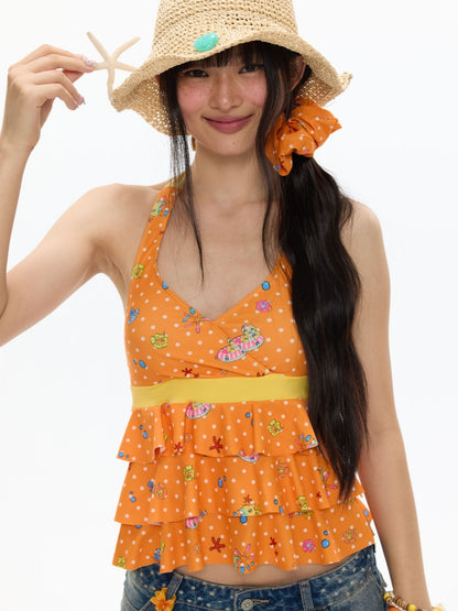 Summer Hot Song Seaside Halter Tie Ruffled Orange Swimsuit Two-Piece Set【s0000017617】