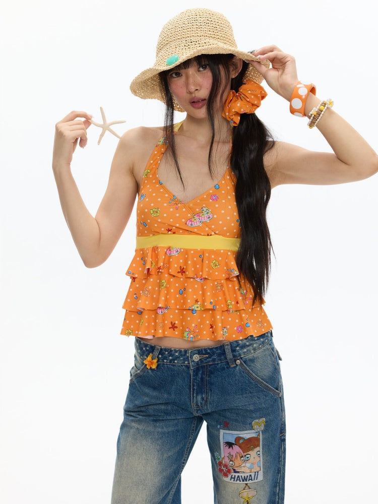 Summer Hot Song Seaside Halter Tie Ruffled Orange Swimsuit Two-Piece Set【s0000017617】