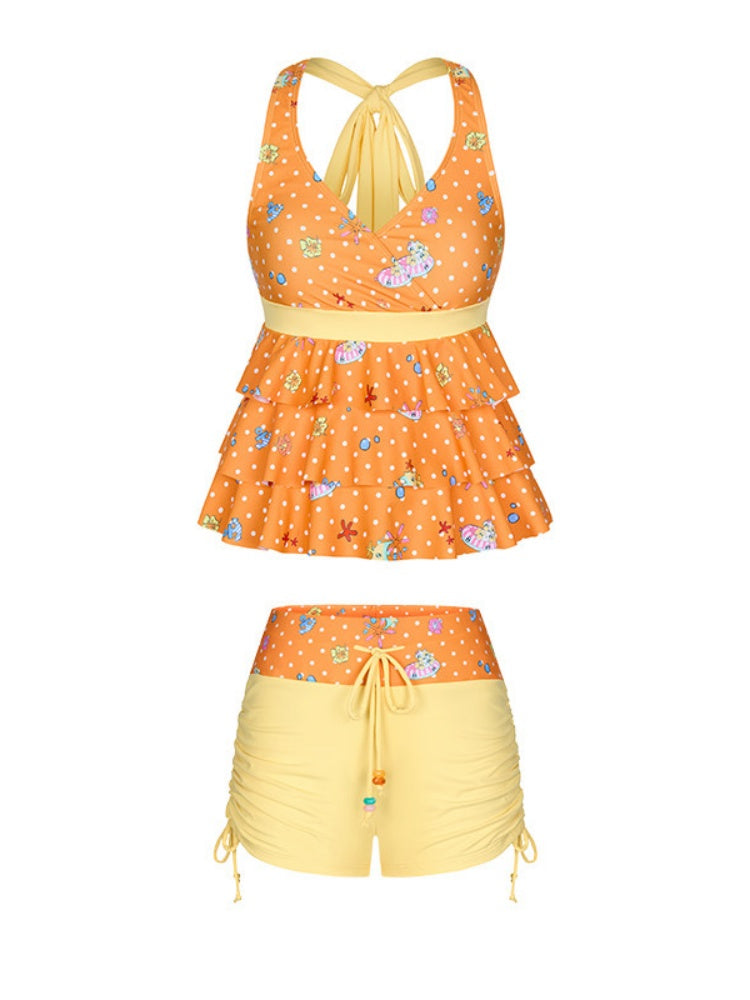 Summer Hot Song Seaside Halter Tie Ruffled Orange Swimsuit Two-Piece Set【s0000017617】