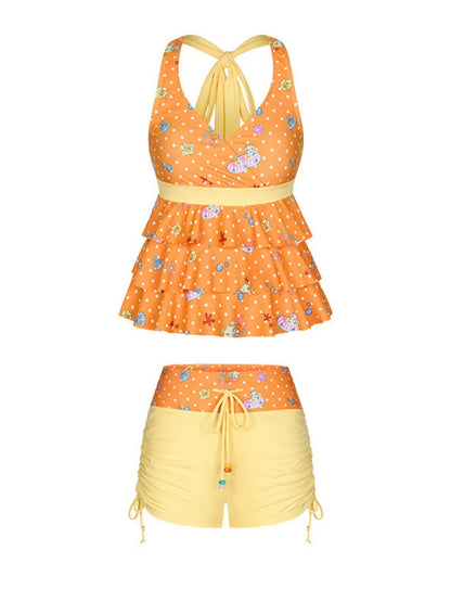 Summer Hot Song Seaside Halter Tie Ruffled Orange Swimsuit Two-Piece Set【s0000017617】