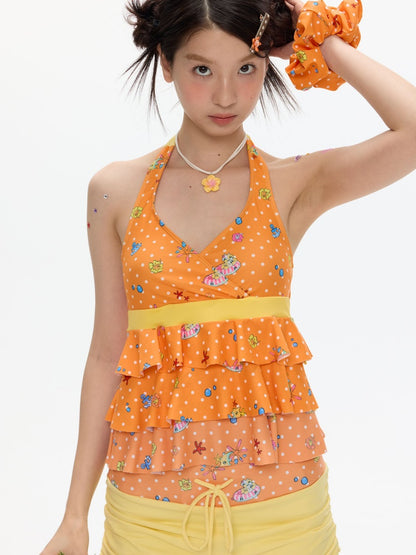 Summer Hot Song Seaside Halter Tie Ruffled Orange Swimsuit Two-Piece Set【s0000017617】