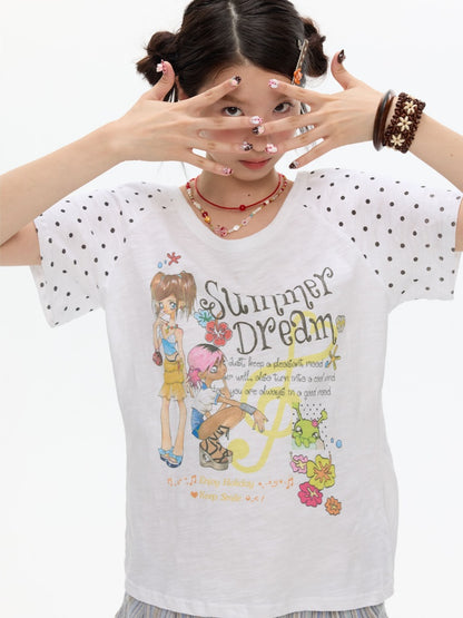 Wave Dot Big collar Snowflake Cotton Short-Sleeve T-Shirt【s0000017618】