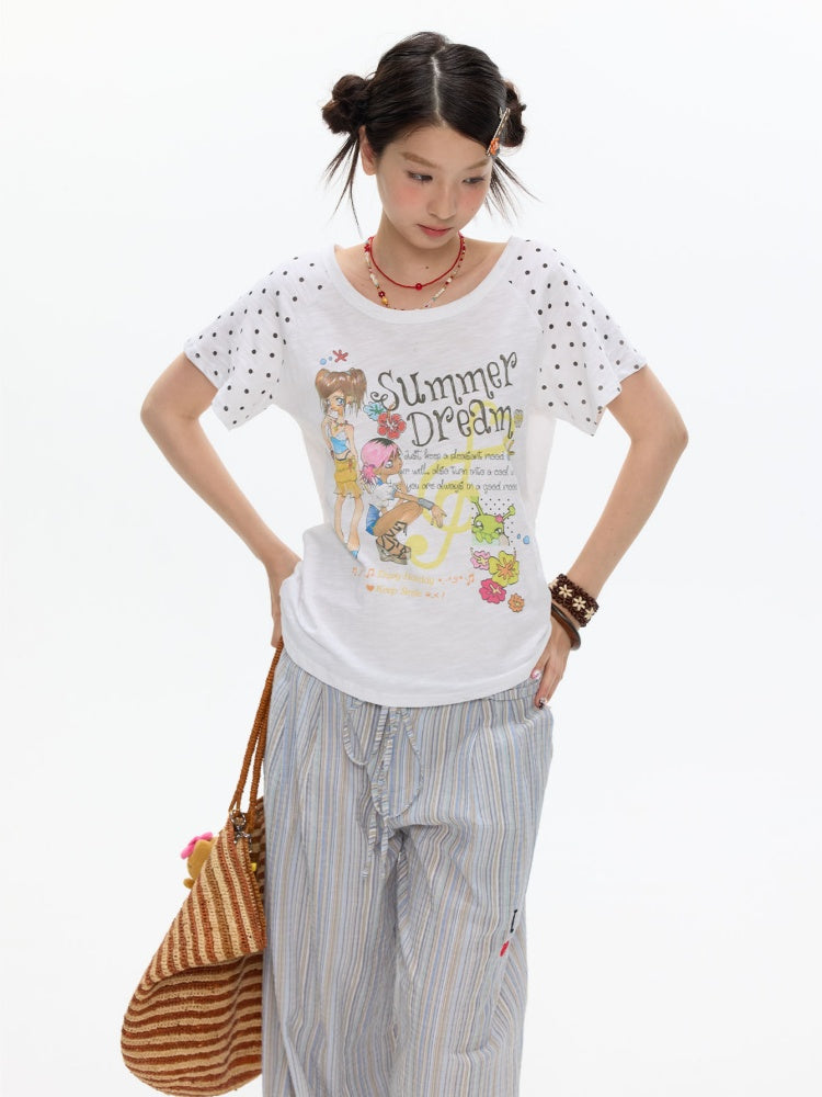 Wave Dot Big collar Snowflake Cotton Short-Sleeve T-Shirt【s0000017618】