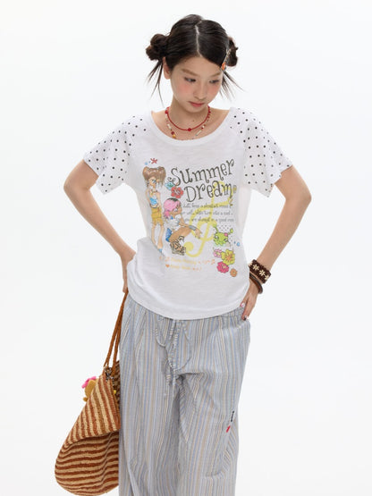 Wave Dot Big collar Snowflake Cotton Short-Sleeve T-Shirt【s0000017618】