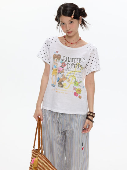 Wave Dot Big collar Snowflake Cotton Short-Sleeve T-Shirt【s0000017618】