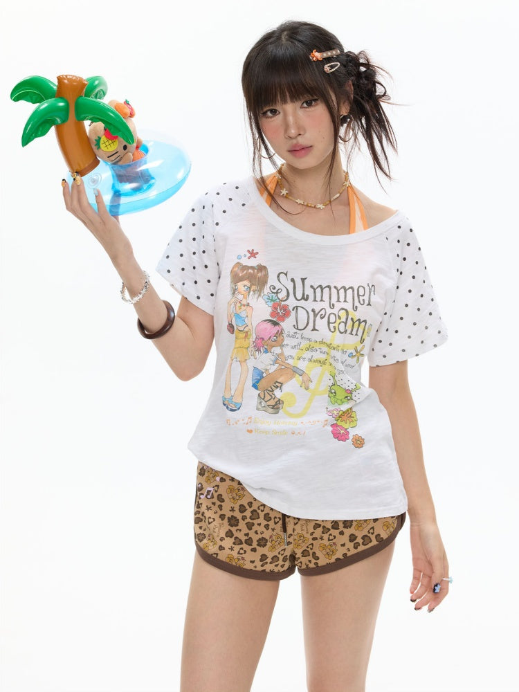 Wave Dot Big collar Snowflake Cotton Short-Sleeve T-Shirt【s0000017618】