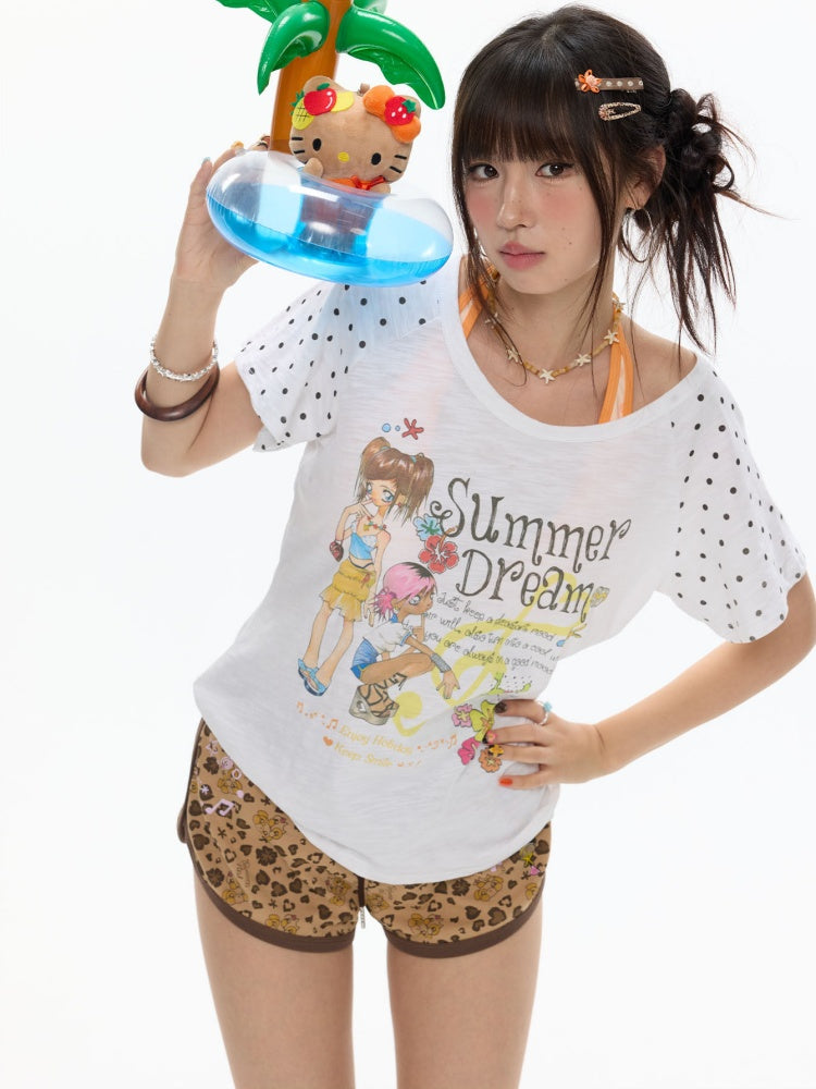 Wave Dot Big collar Snowflake Cotton Short-Sleeve T-Shirt【s0000017618】