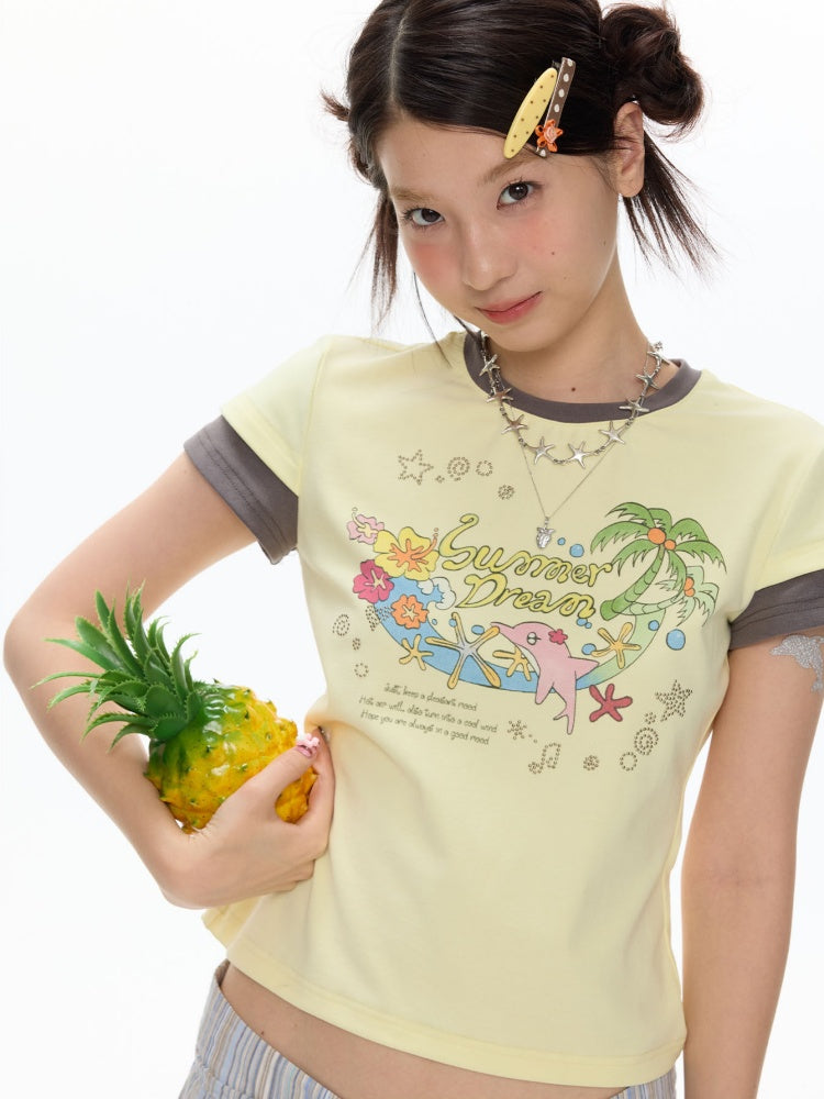 Island Mood Vacation Faux Layered Short-Sleeve T-Shirt【s0000017619】