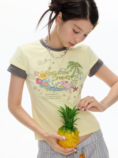 Island Mood Vacation Faux Layered Short-Sleeve T-Shirt【s0000017619】