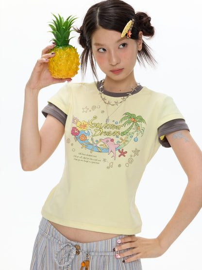 Island Mood Vacation Faux Layered Short-Sleeve T-Shirt【s0000017619】