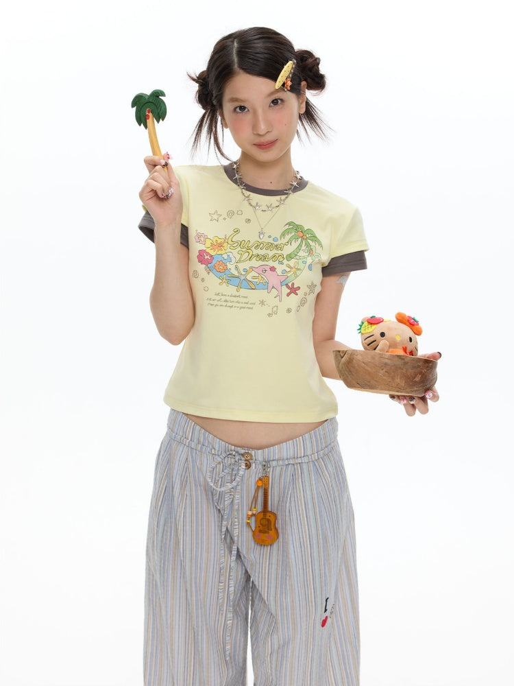 Island Mood Vacation Faux Layered Short-Sleeve T-Shirt【s0000017619】