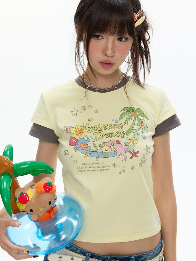 Island Mood Vacation Faux Layered Short-Sleeve T-Shirt【s0000017619】