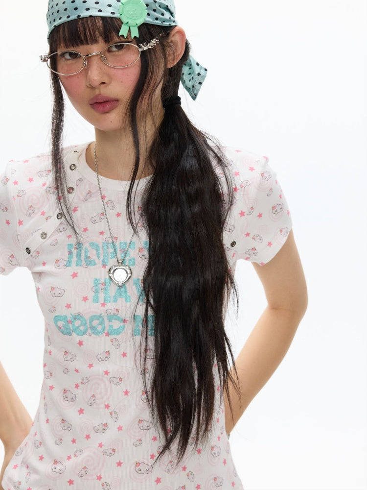 Star Vortex Spiral Shell Shoulder Short-Sleeve High Stretch Letter T-Shirt【s0000017620】