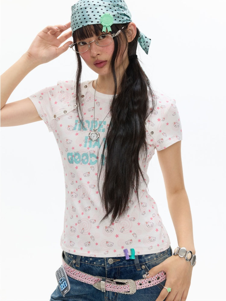 Star Vortex Spiral Shell Shoulder Short-Sleeve High Stretch Letter T-Shirt【s0000017620】
