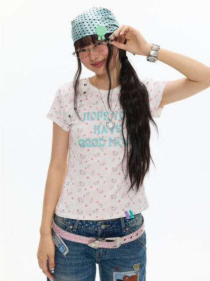 Star Vortex Spiral Shell Shoulder Short-Sleeve High Stretch Letter T-Shirt【s0000017620】