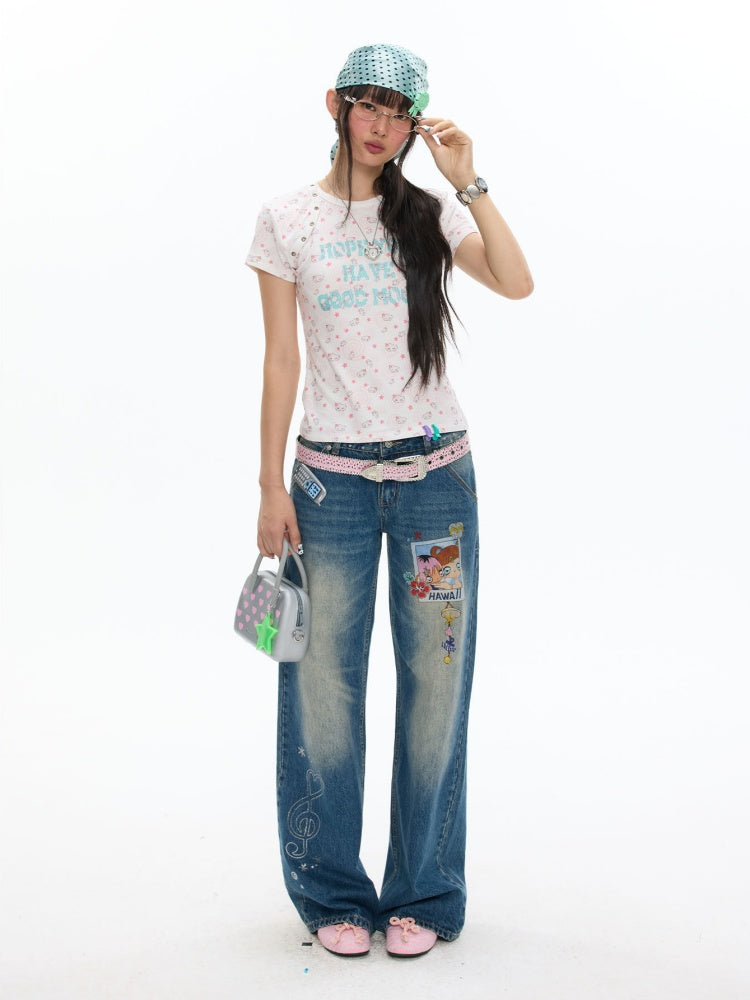 Star Vortex Spiral Shell Shoulder Short-Sleeve High Stretch Letter T-Shirt【s0000017620】