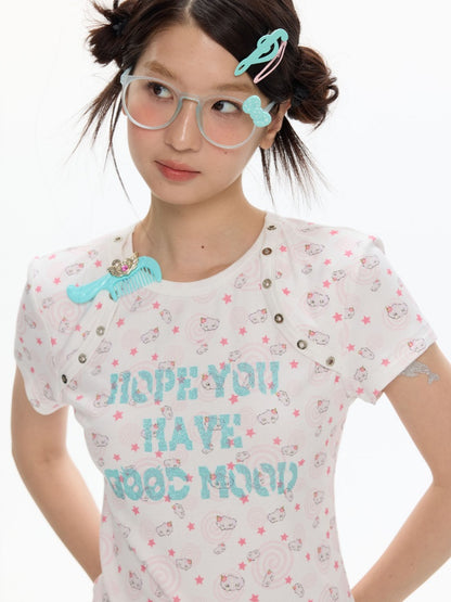 Star Vortex Spiral Shell Shoulder Short-Sleeve High Stretch Letter T-Shirt【s0000017620】
