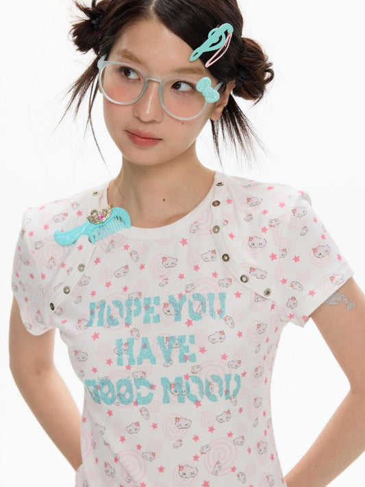 Star Vortex Spiral Shell Shoulder Short-Sleeve High Stretch Letter T-Shirt【s0000017620】