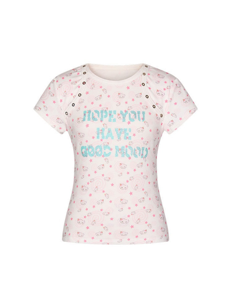 Star Vortex Spiral Shell Shoulder Short-Sleeve High Stretch Letter T-Shirt【s0000017620】