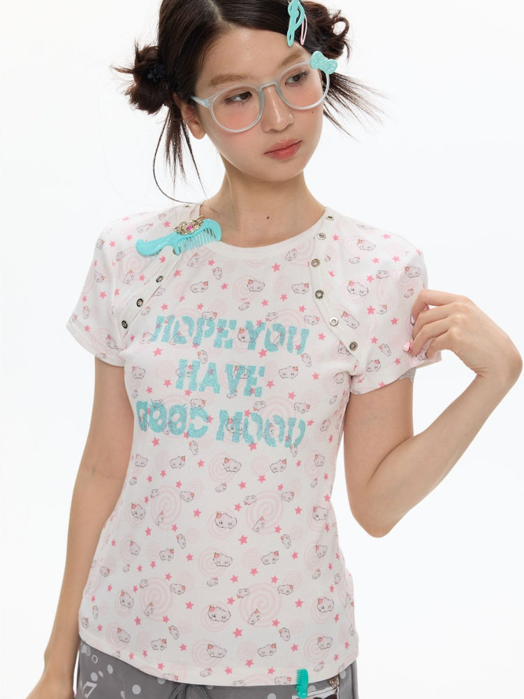 Star Vortex Spiral Shell Shoulder Short-Sleeve High Stretch Letter T-Shirt【s0000017620】