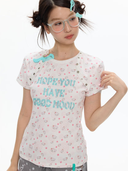 Star Vortex Spiral Shell Shoulder Short-Sleeve High Stretch Letter T-Shirt【s0000017620】
