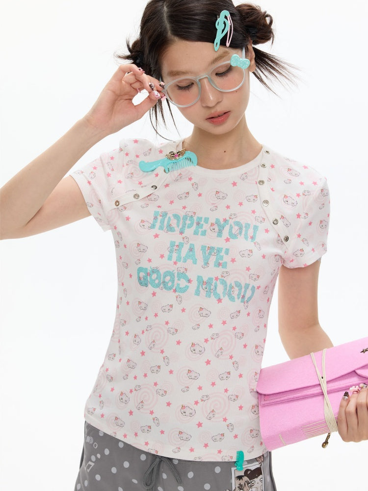 Star Vortex Spiral Shell Shoulder Short-Sleeve High Stretch Letter T-Shirt【s0000017620】