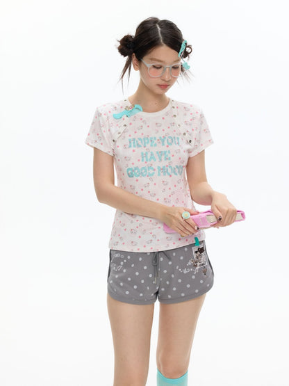 Star Vortex Spiral Shell Shoulder Short-Sleeve High Stretch Letter T-Shirt【s0000017620】