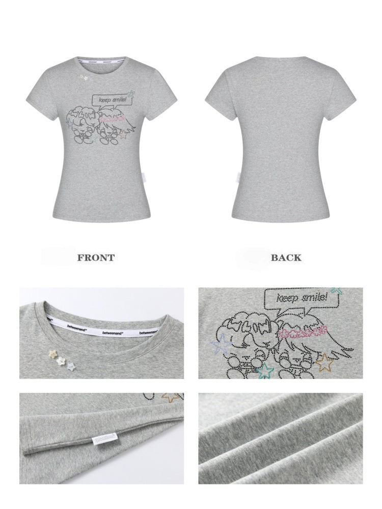 Maintain Smile Shoulder Rhinestone Short-Sleeve T-Shirt【s0000017621】