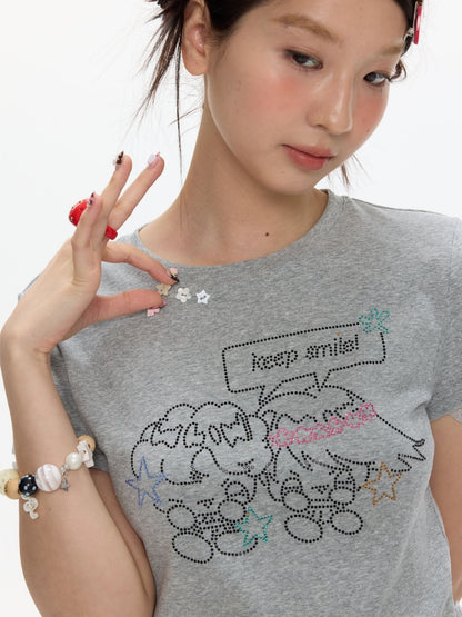 Maintain Smile Shoulder Rhinestone Short-Sleeve T-Shirt【s0000017621】
