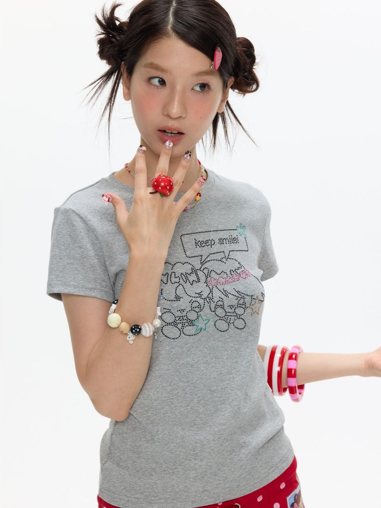 Maintain Smile Shoulder Rhinestone Short-Sleeve T-Shirt【s0000017621】