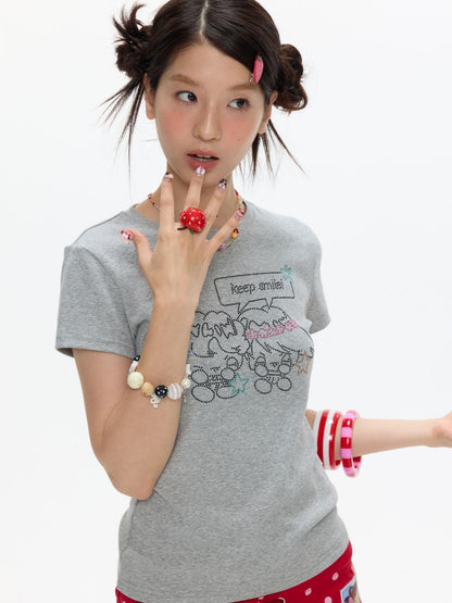 Maintain Smile Shoulder Rhinestone Short-Sleeve T-Shirt【s0000017621】