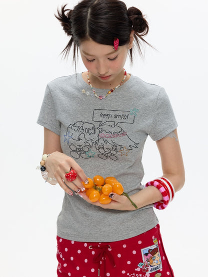 Maintain Smile Shoulder Rhinestone Short-Sleeve T-Shirt【s0000017621】