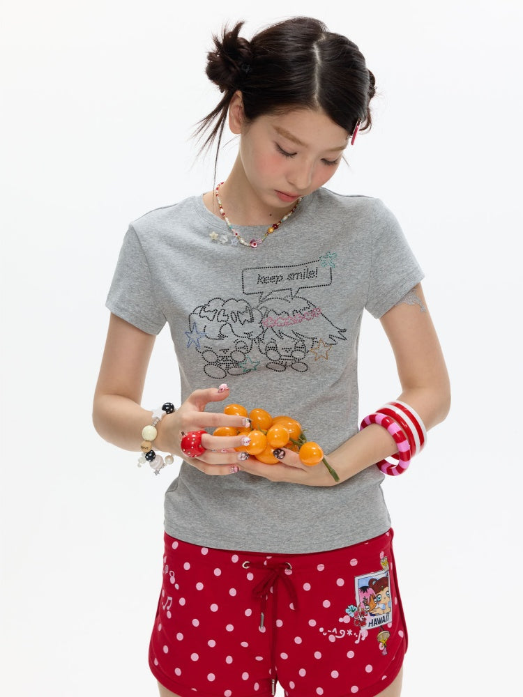 Maintain Smile Shoulder Rhinestone Short-Sleeve T-Shirt【s0000017621】
