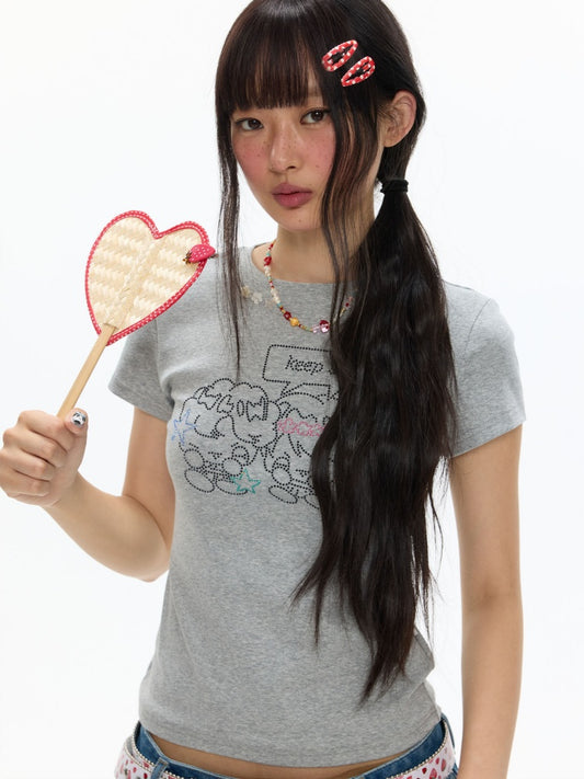 Maintain Smile Shoulder Rhinestone Short-Sleeve T-Shirt【s0000017621】