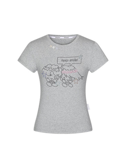 Maintain Smile Shoulder Rhinestone Short-Sleeve T-Shirt【s0000017621】