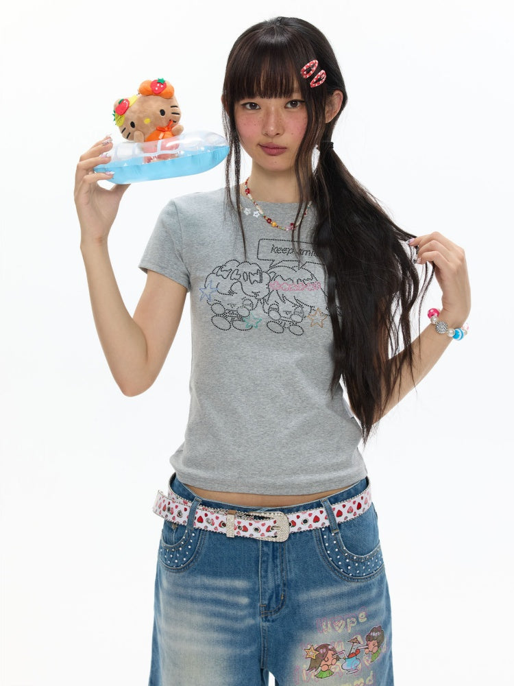 Maintain Smile Shoulder Rhinestone Short-Sleeve T-Shirt【s0000017621】