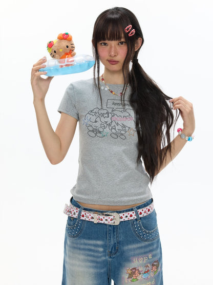 Maintain Smile Shoulder Rhinestone Short-Sleeve T-Shirt【s0000017621】