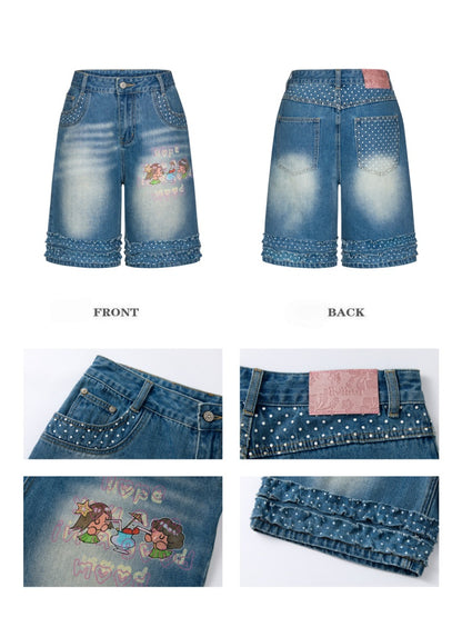 Polka Dot Lace Straight-Leg Five Quarter Denim Pants【s0000017622】