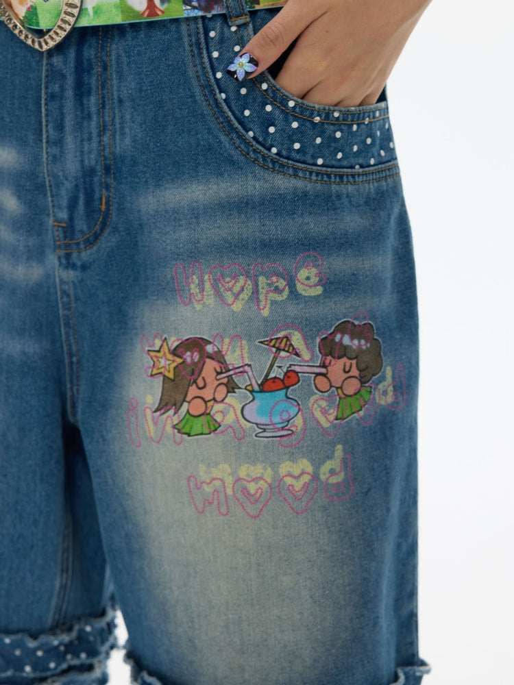 Polka Dot Lace Straight-Leg Five Quarter Denim Pants【s0000017622】