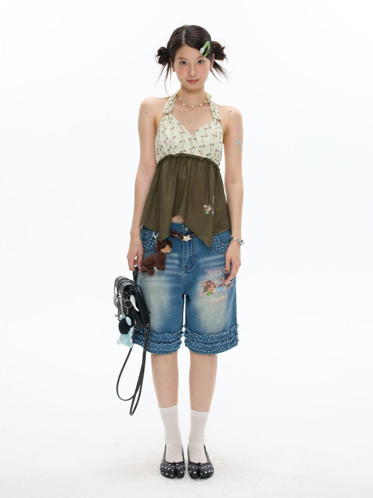 Polka Dot Lace Straight-Leg Five Quarter Denim Pants【s0000017622】