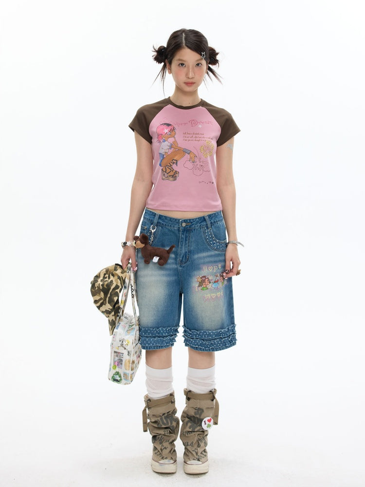 Polka Dot Lace Straight-Leg Five Quarter Denim Pants【s0000017622】